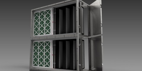 AES Environmental multi-stage air filtration unit featuring pre-filters and V-bank filters housed in a stainless steel casing
