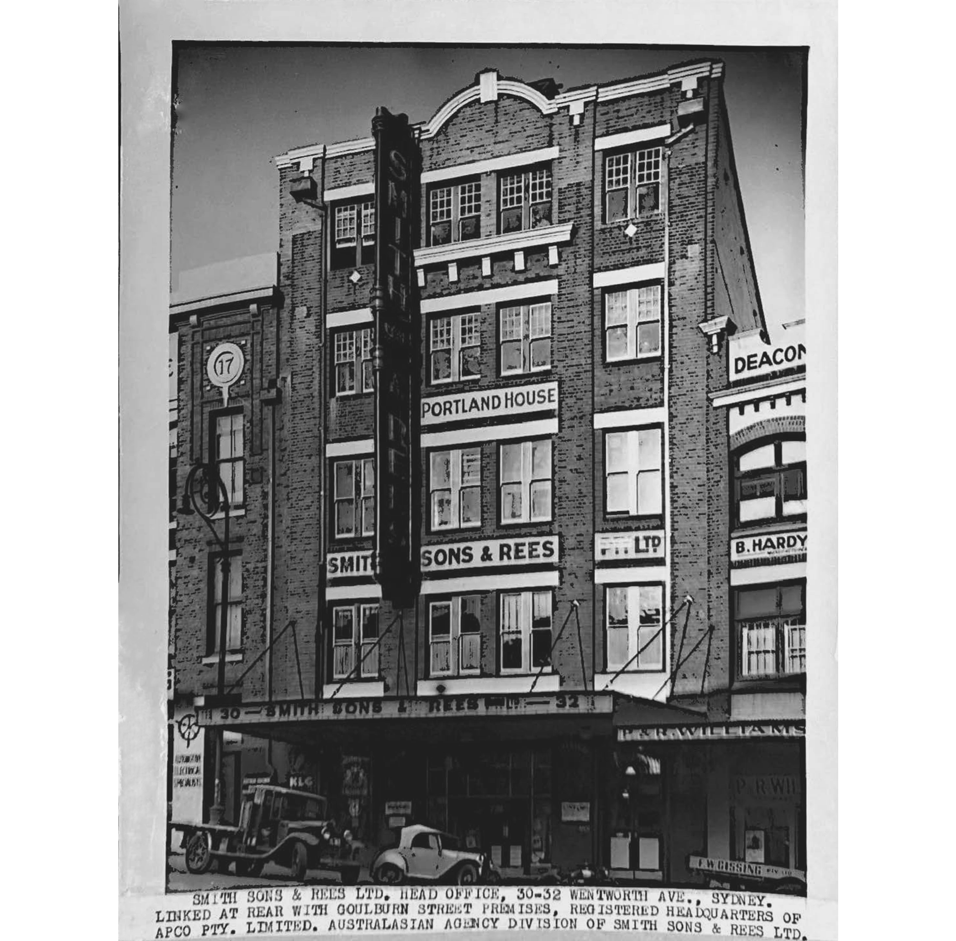 A black and white photograph of Portland House, a five story building on Wentworth Avenue, Sydney, Australia . The head office of Smith Sons & Rees.