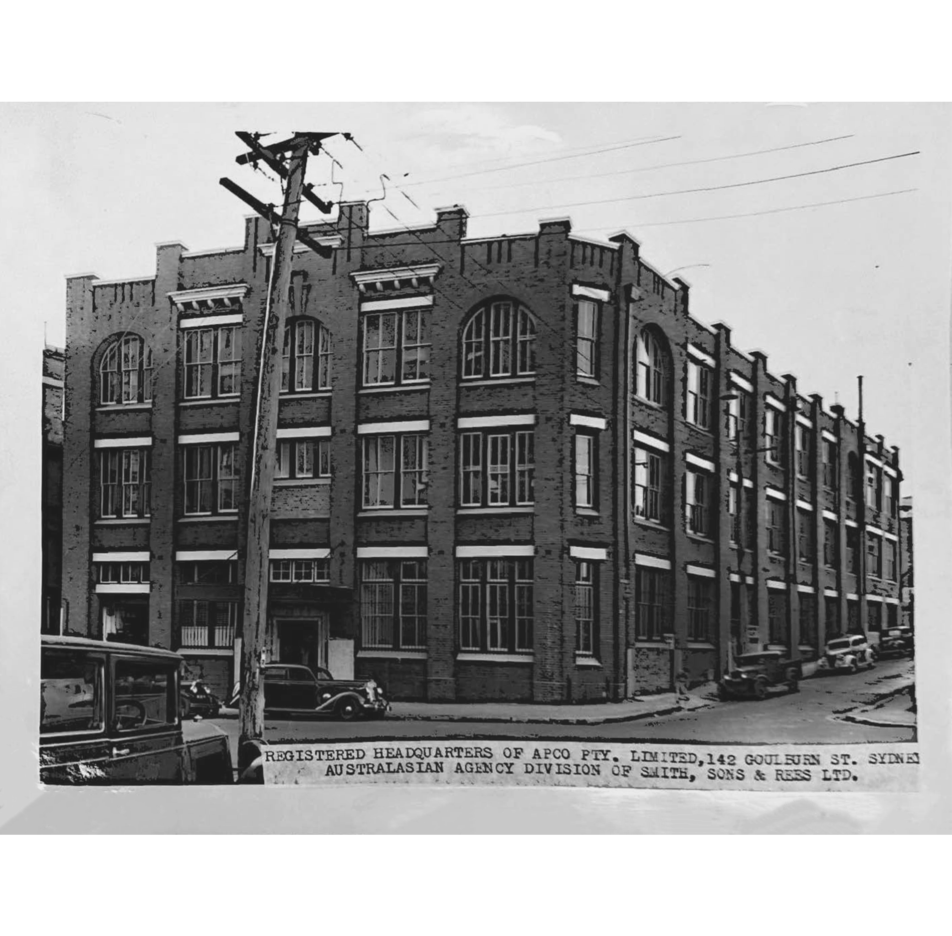 A black and white photograph of a three story building in Sydney, Australia. The headquarters of Smith, Sons & Rees.