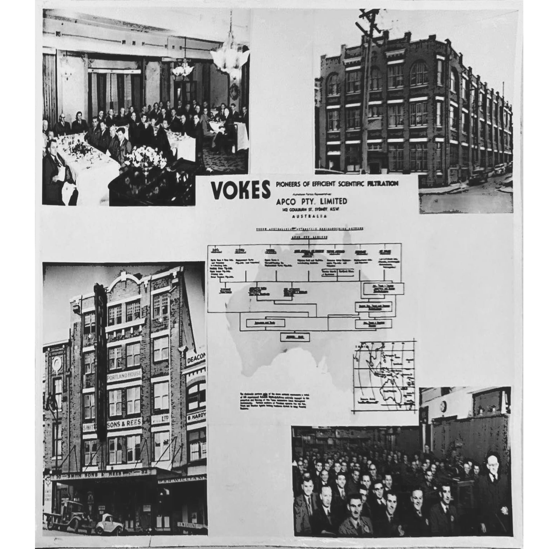 A black and white compilation photograph of each photo in this gallery plus a black and white promotional diagram for Vokes.